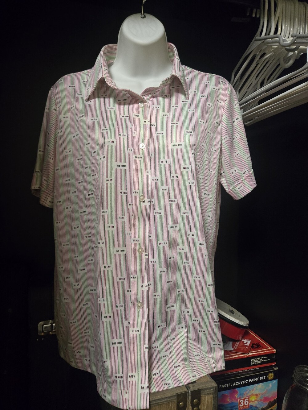 Vintage 1970s Sears The Shirt Pink Green Striped Short Sleeve Blouse Size 18